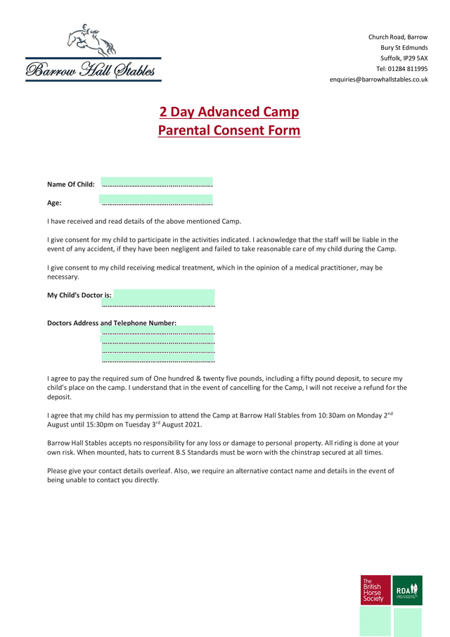 2 Day Advanced Camp Parental Consent Form screenshot