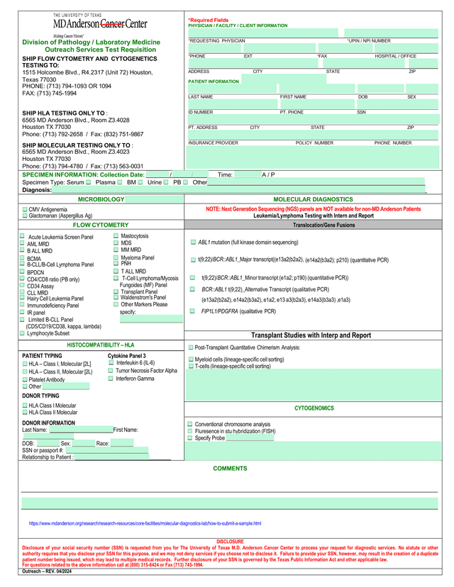 Outreach Services Test Requisition screenshot