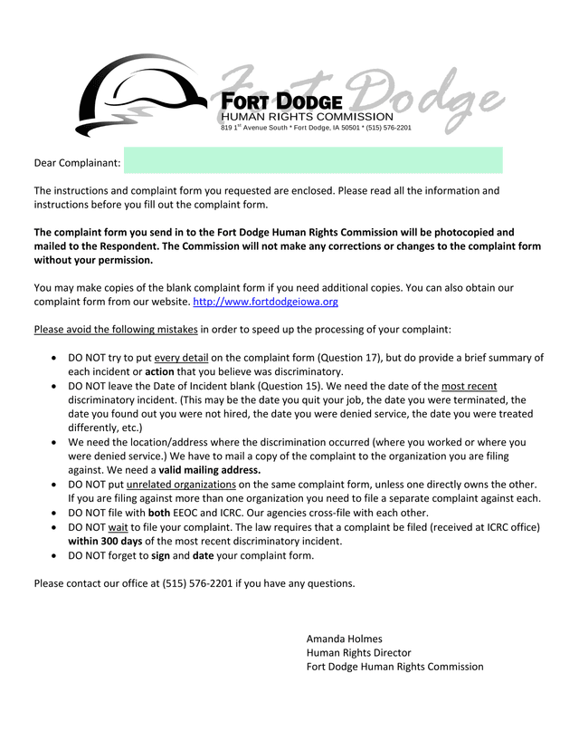 Complaint Form Instructions screenshot