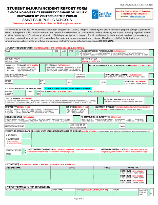 Student InjuryIncident Report Form screenshot