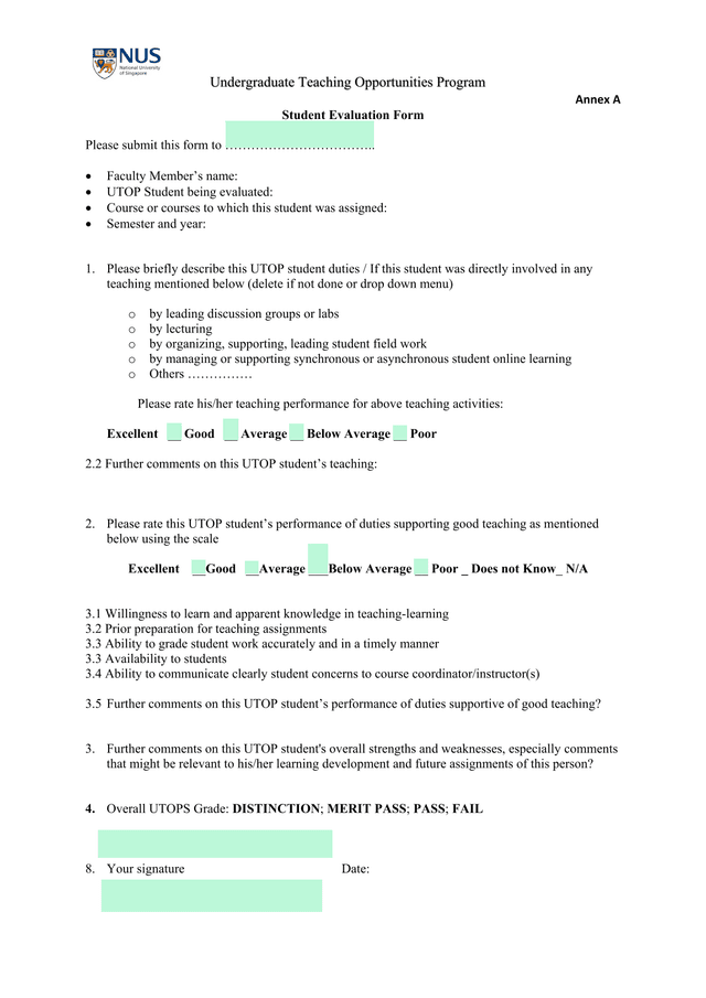 Undergraduate Teaching Opportunities Program Student Evaluation Form screenshot