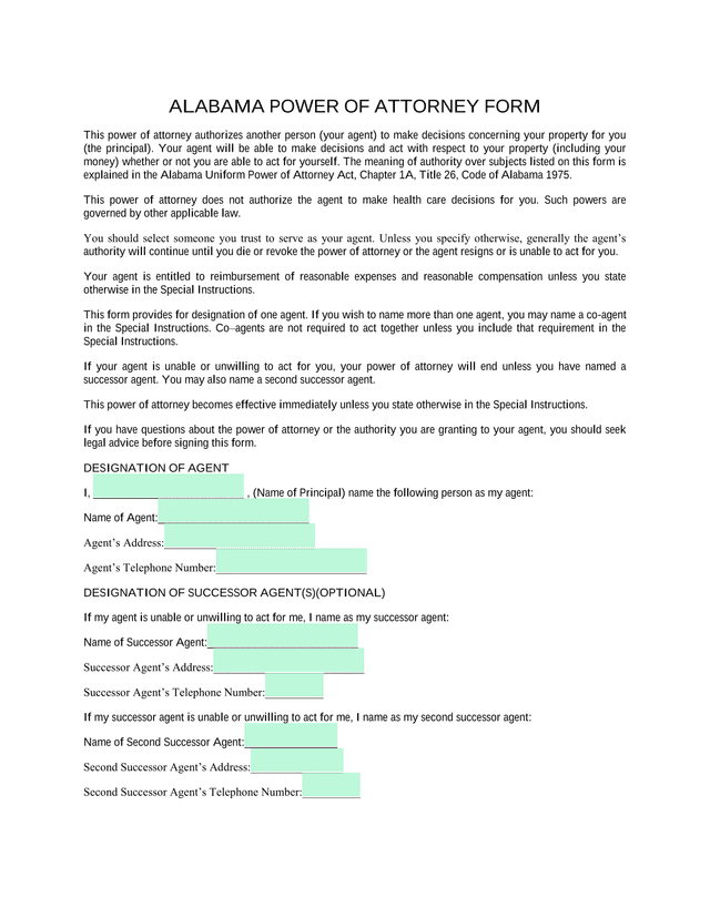 Alabama Power Of Attorney Form screenshot