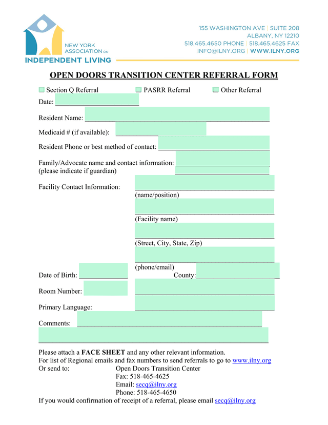 Open Doors Transition Center Referral Form screenshot