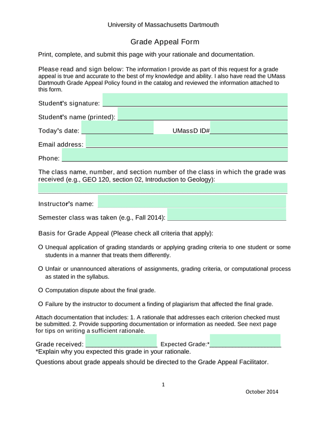Grade Appeal Form screenshot