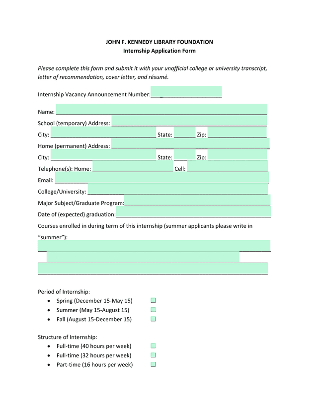 John F. Kennedy Library Foundation Internship Application Form screenshot