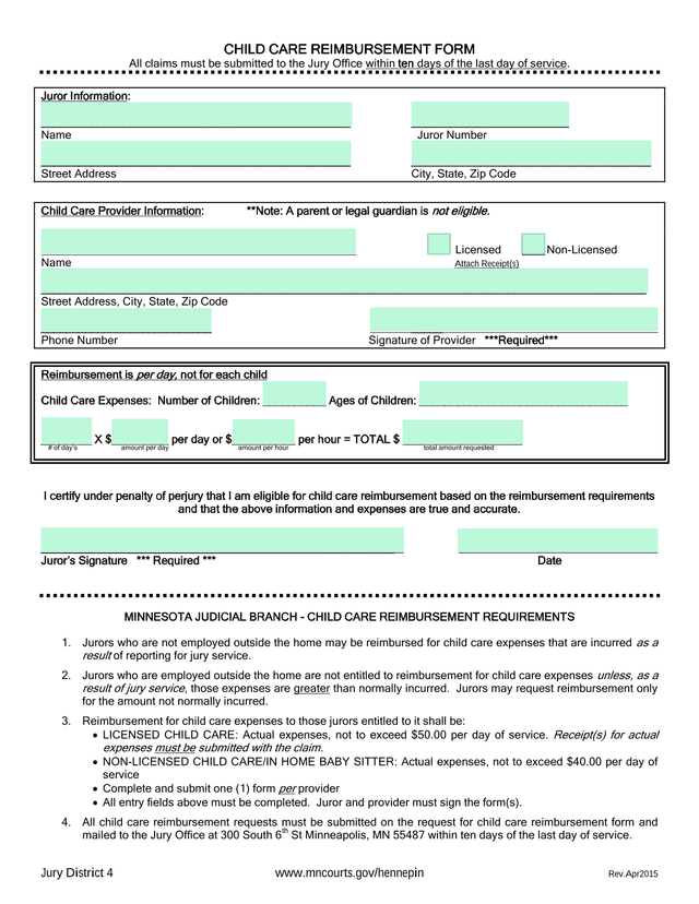 Child Care Reimbursement Form screenshot