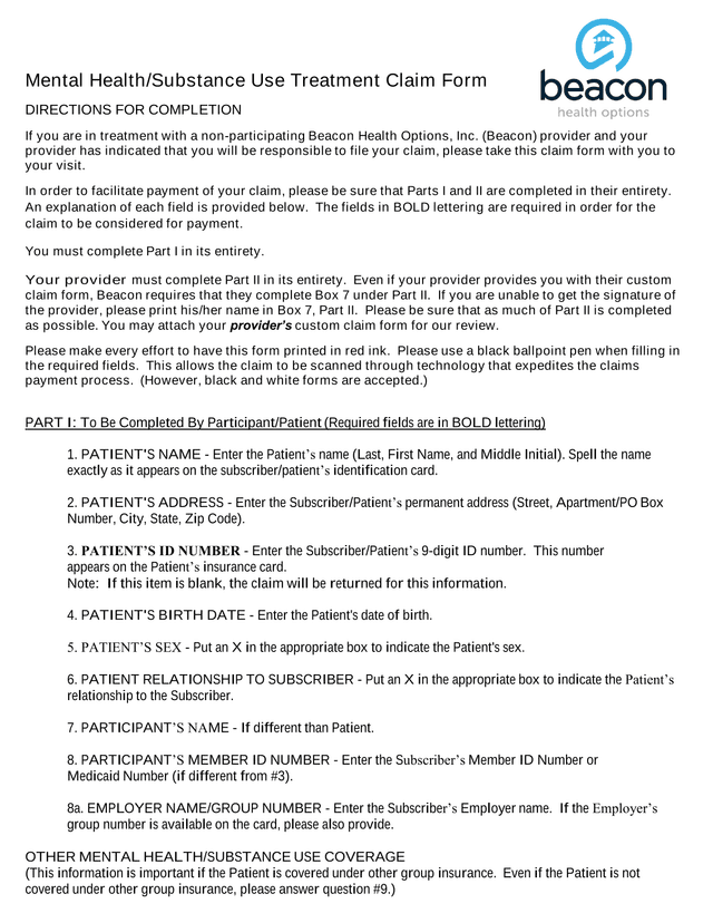 Mental HealthSubstance Use Treatment Claim Form screenshot