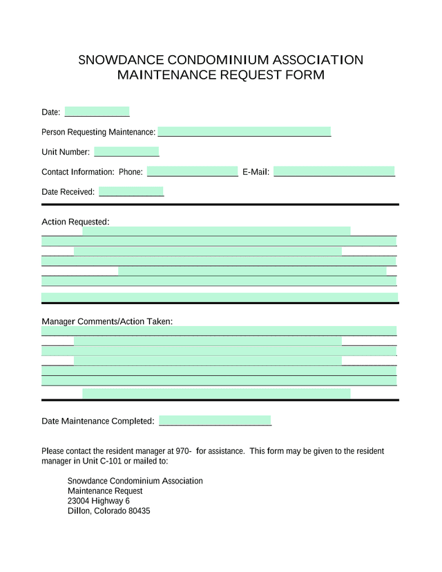Snowdance Condominium Association Maintenance Request Form screenshot