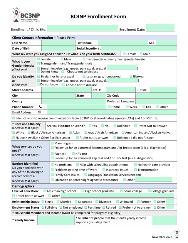 BC3NP Enrollment Form screenshot