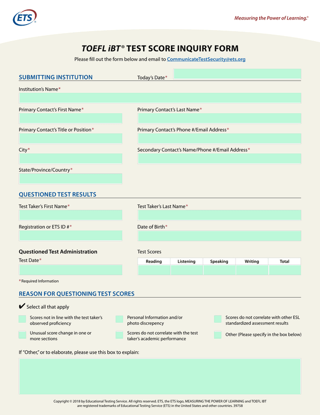 TOEFL IBT TEST SCORE INQUIRY FORM screenshot