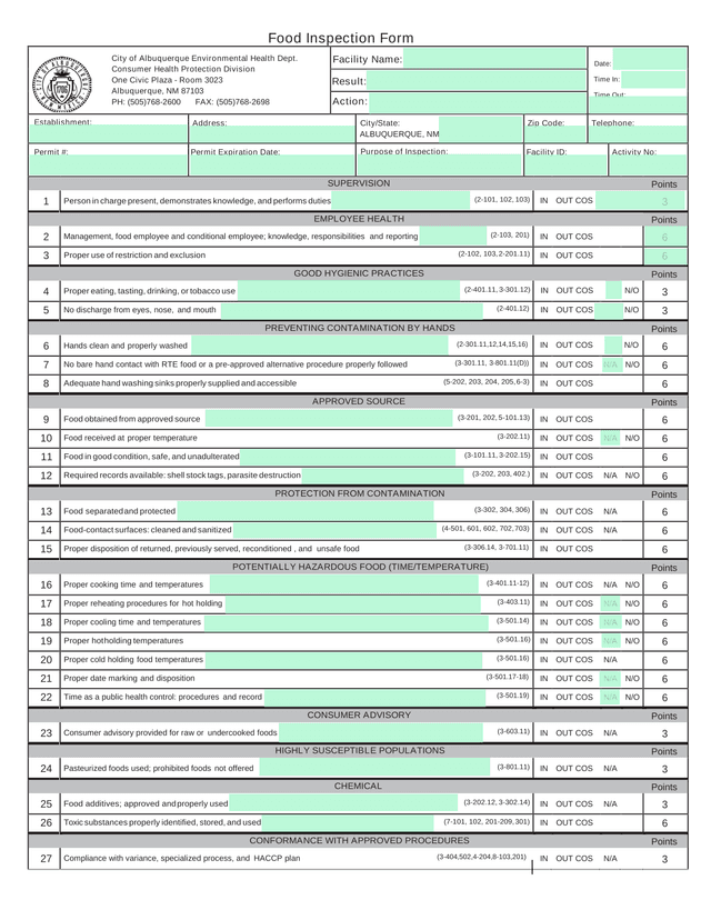 Food Inspection Form screenshot