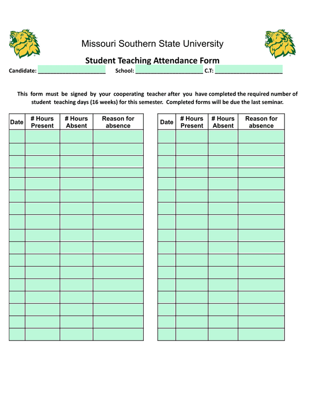 Missouri Southern State University Student Teaching Attendance Form screenshot