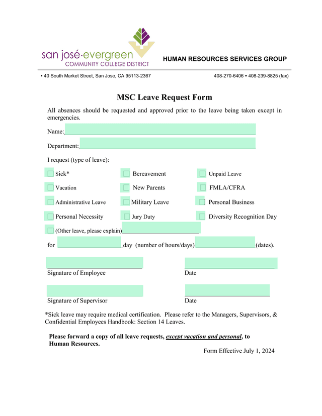 MSC Leave Request Form screenshot