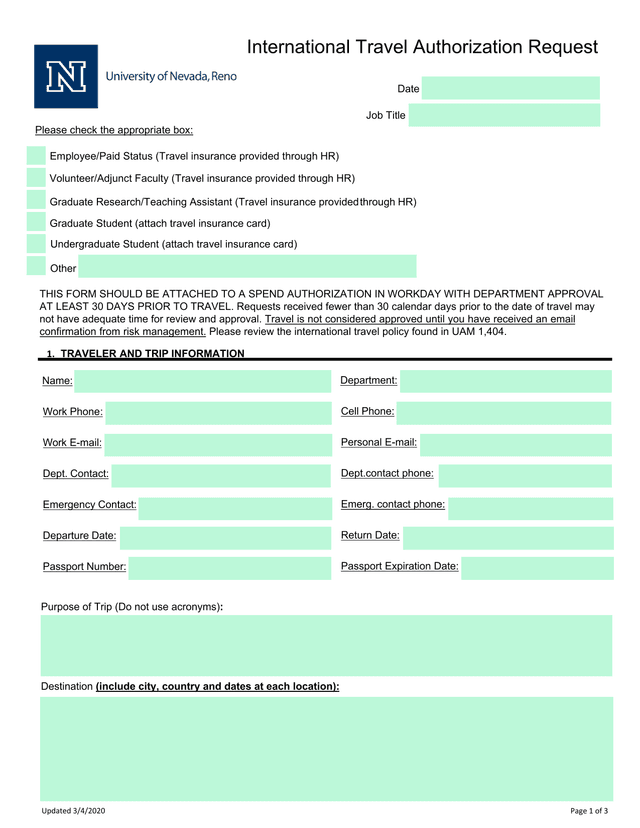 International Travel Authorization Request screenshot