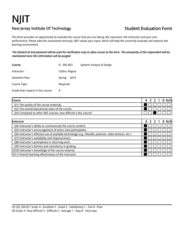 NJIT Student Evaluation Form screenshot