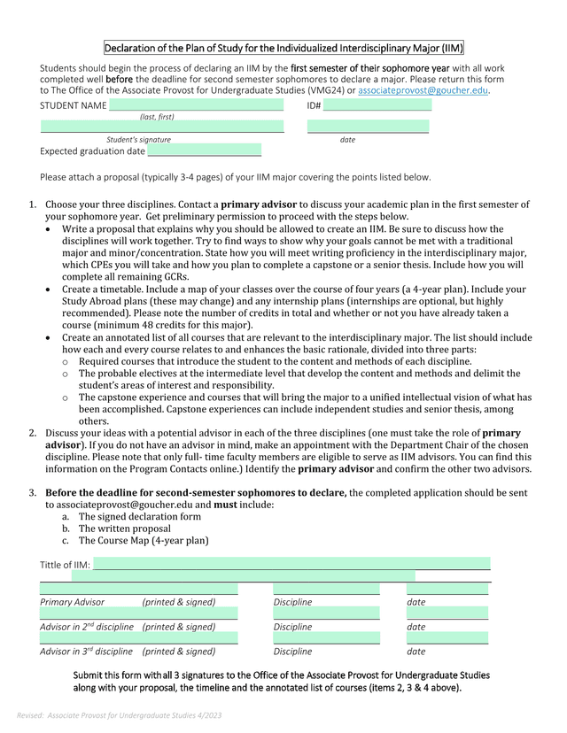 Interdisciplinary Independent Major (IIM) Proposal Form screenshot