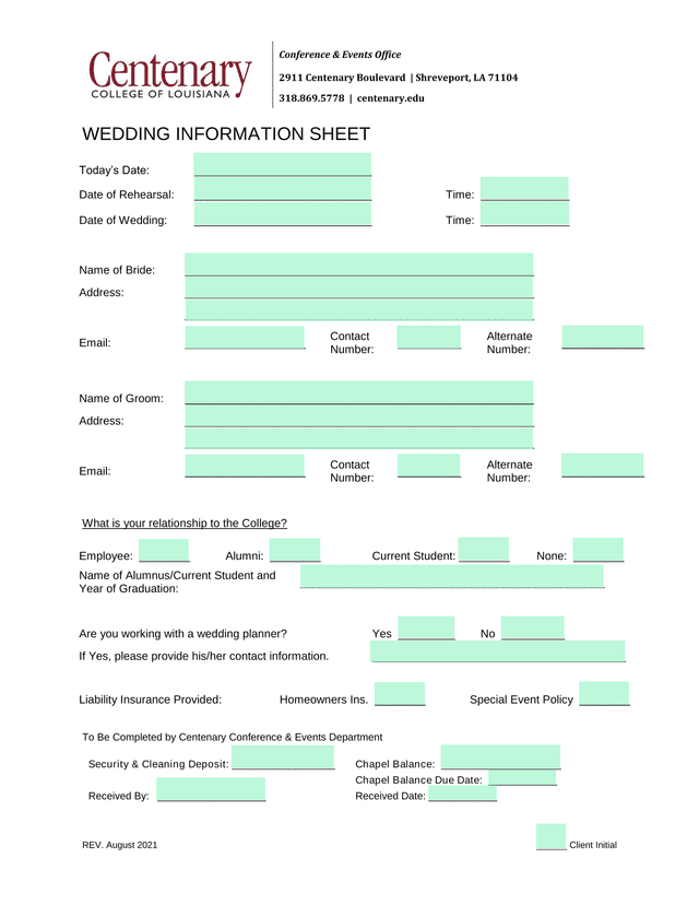 Wedding Information Sheet screenshot