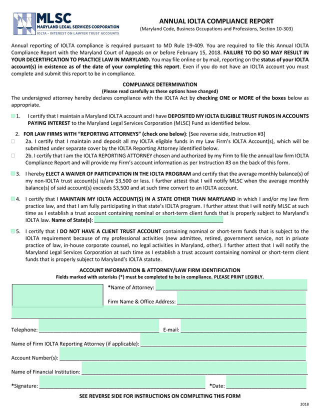 Annual IOLTA Compliance Report screenshot