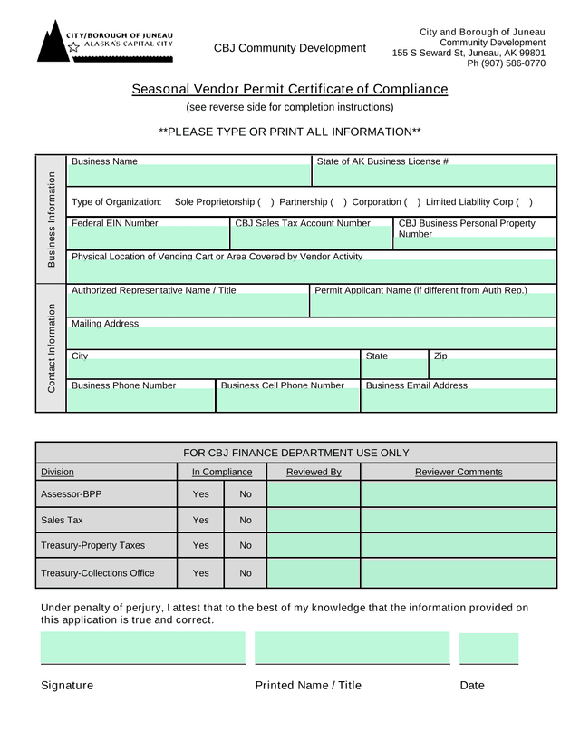 Seasonal Vendor Permit Certificate Of Compliance screenshot