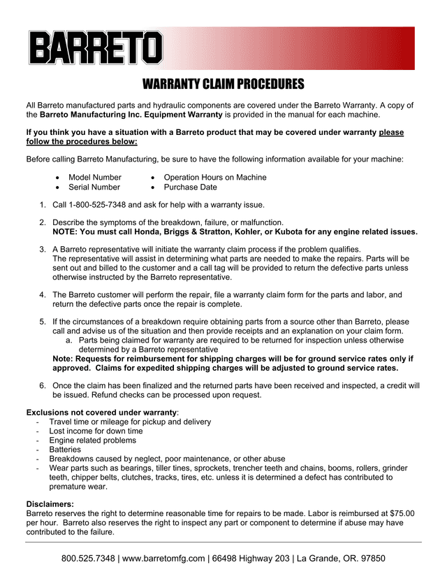 WARRANTY CLAIM PROCEDURES screenshot