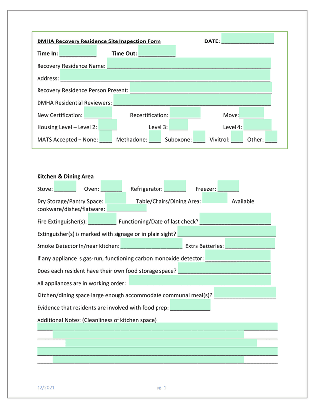 DMHA Recovery Residence Site Inspection Form screenshot