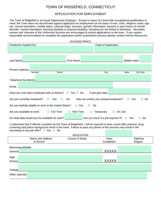 APPLICATION FOR EMPLOYMENT screenshot