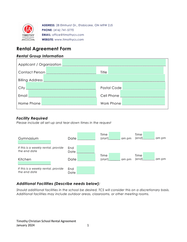 Timothy Christian School Rental Agreement screenshot