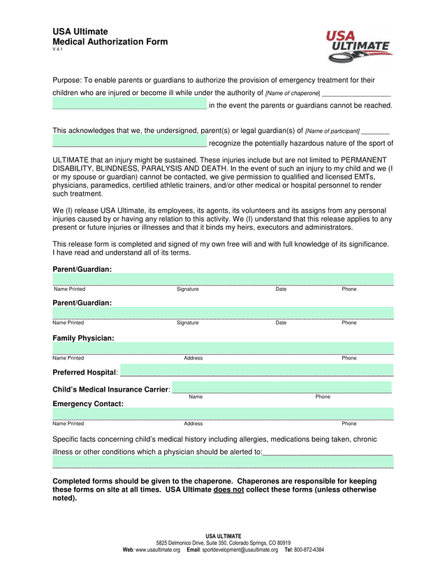 USA Ultimate Medical Authorization Form screenshot