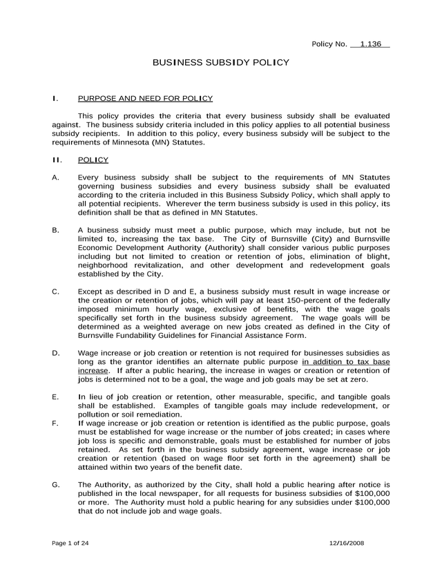 Business Subsidy Policy screenshot