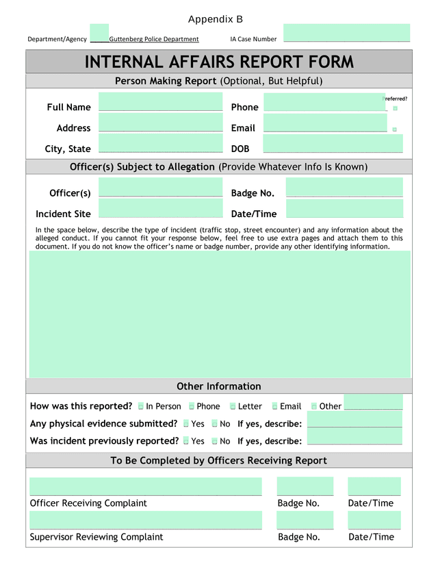 Internal Affairs Report Form screenshot