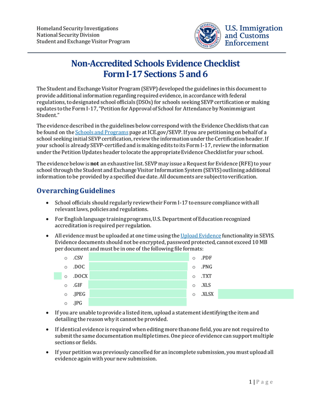 Non Accredited Schools Evidence Checklist Form I 17 Sections 5 And 6 screenshot