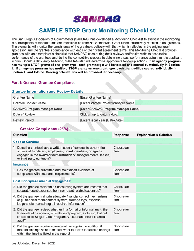 SAMPLE STGP Grant Monitoring Checklist screenshot
