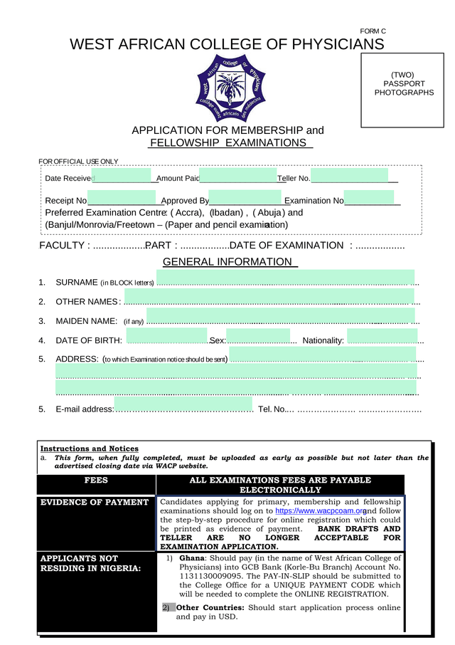 FORM C APPLICATION FOR MEMBERSHIP And FELLOWSHIP EXAMINATIONS screenshot