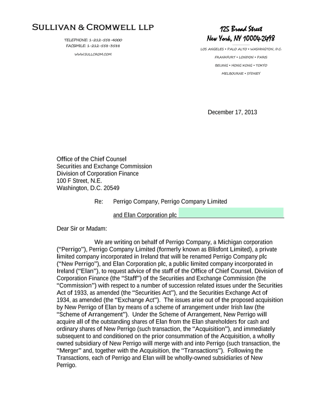 Letter To SEC Regarding Perrigo Elan Transaction screenshot