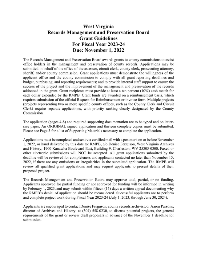 West Virginia Records Management And Preservation Board Grant Guidelines screenshot