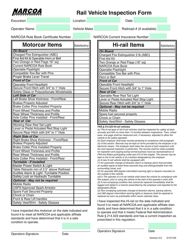 Rail Vehicle Inspection Form screenshot
