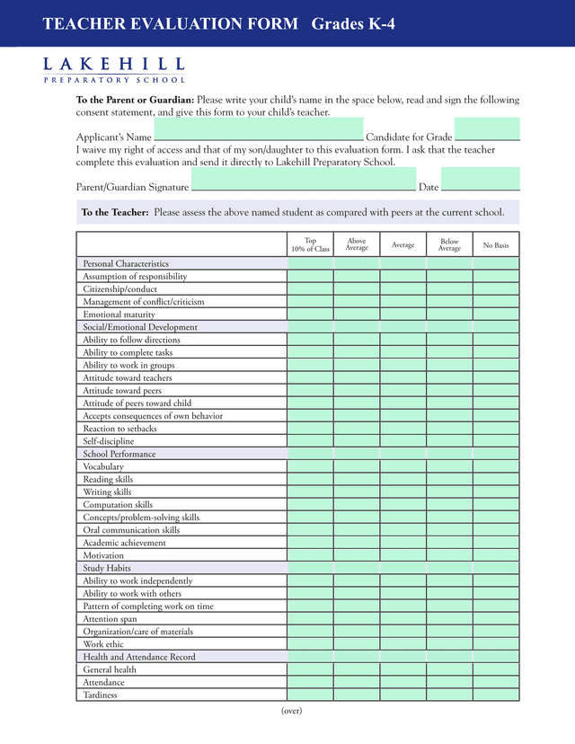 Teacher Evaluation Form Grades K 4 screenshot