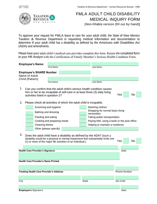 FMLA ADULT CHILD DISABILITY MEDICAL INQUIRY FORM screenshot