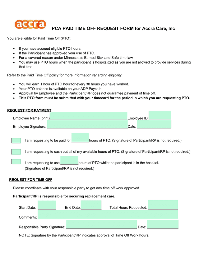 PCA Paid Time Off Request Form screenshot