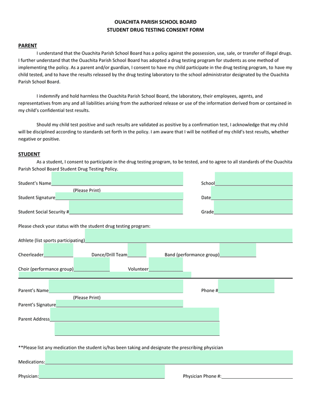 Student Drug Testing Consent Form screenshot