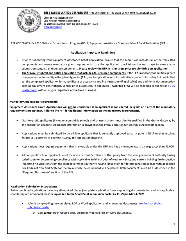 RFP GC21 005 FY 2020 National School Lunch Program (NSLP) Equipment Assistance Grant For School Food screenshot