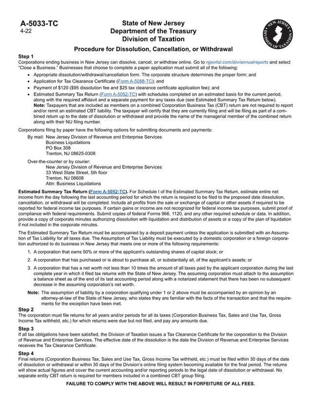 New Jersey Corporation Dissolution Instructions screenshot