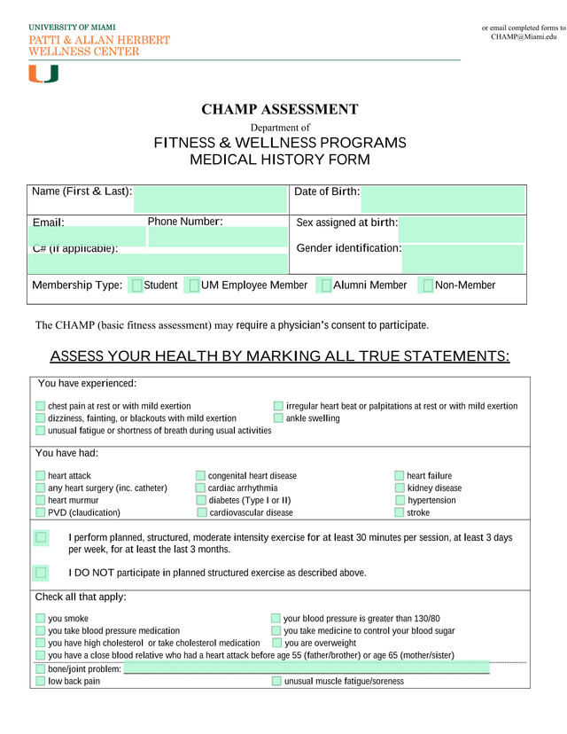 CHAMP Assessment Medical History Form screenshot