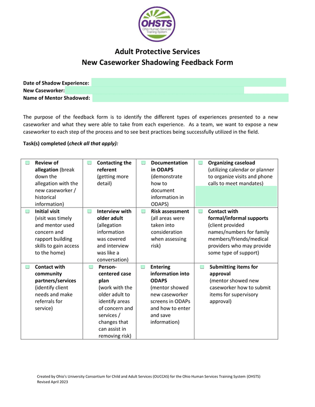 Adult Protective Services New Caseworker Shadowing Feedback Form screenshot