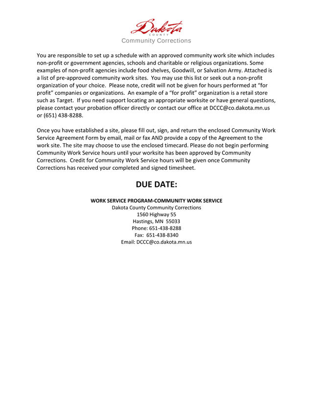 Community Work Service Agreement screenshot