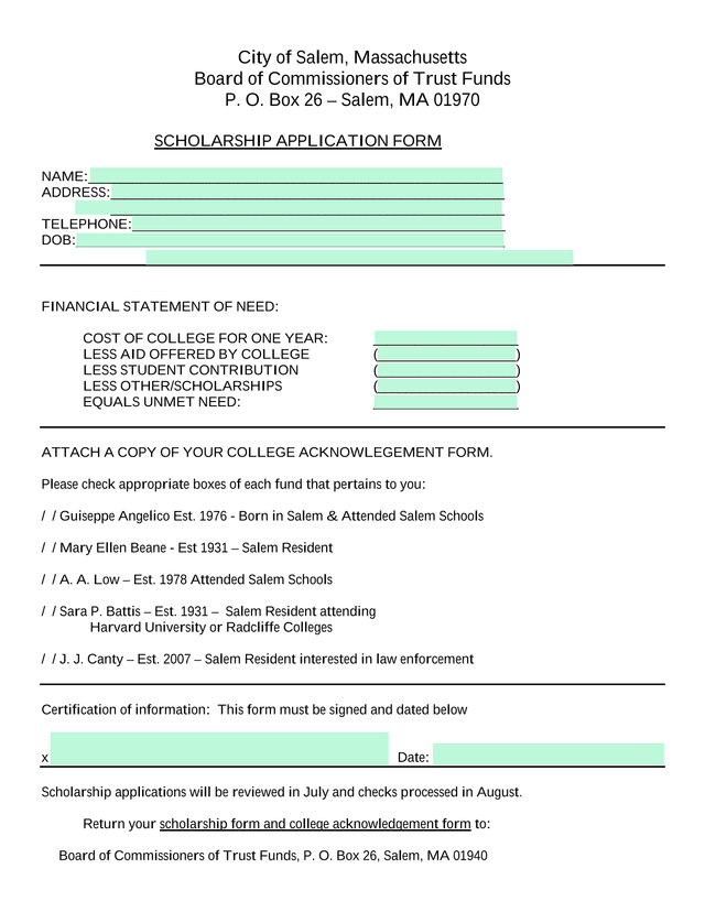 Scholarship Application Form screenshot