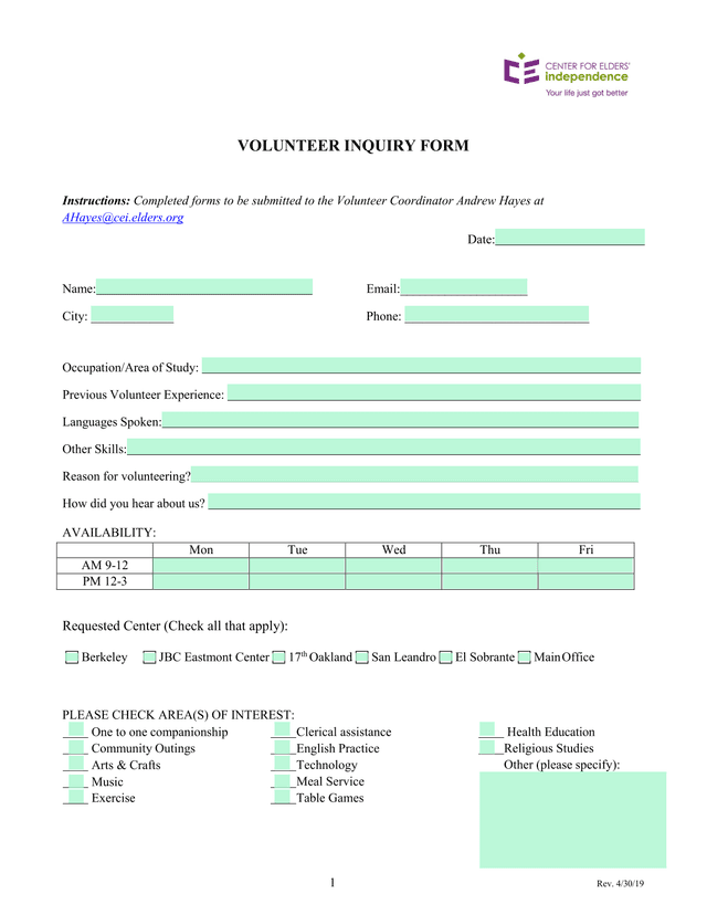 Volunteer Inquiry Form screenshot