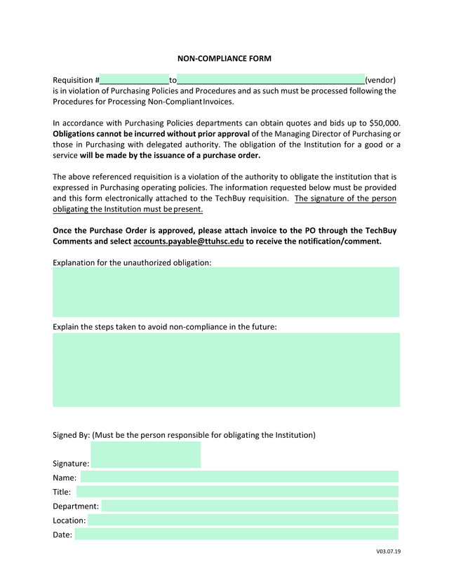 Non Compliance Form screenshot