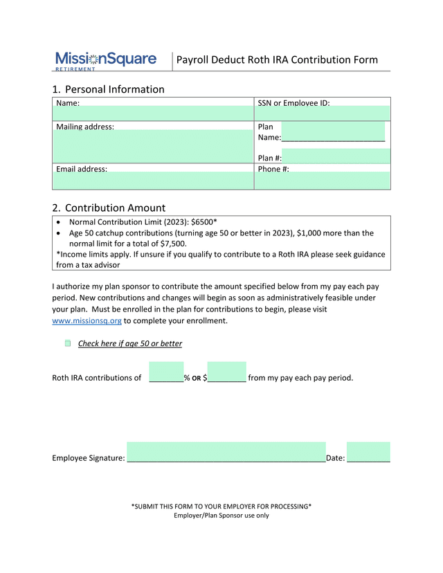 Payroll Deduct Roth IRA Contribution Form screenshot