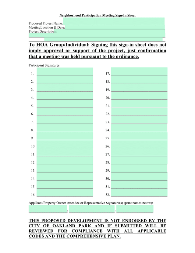 Neighborhood Participation Meeting Sign In Sheet screenshot